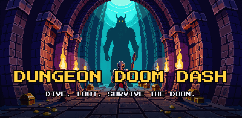 Dungeon Doom Dash key art — a torch-lit dungeon with a horned demon