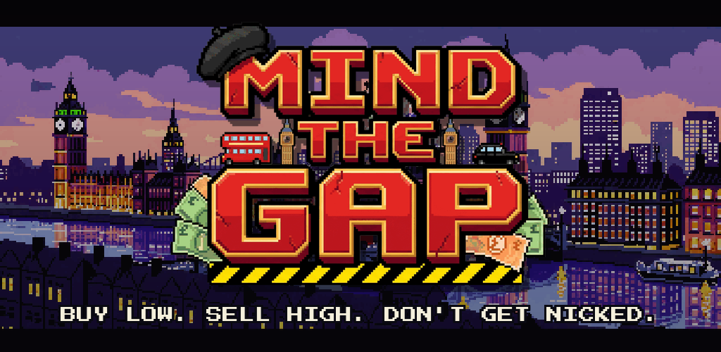 Mind the Gap key art — a pixel-art city skyline at dusk with a red London bus