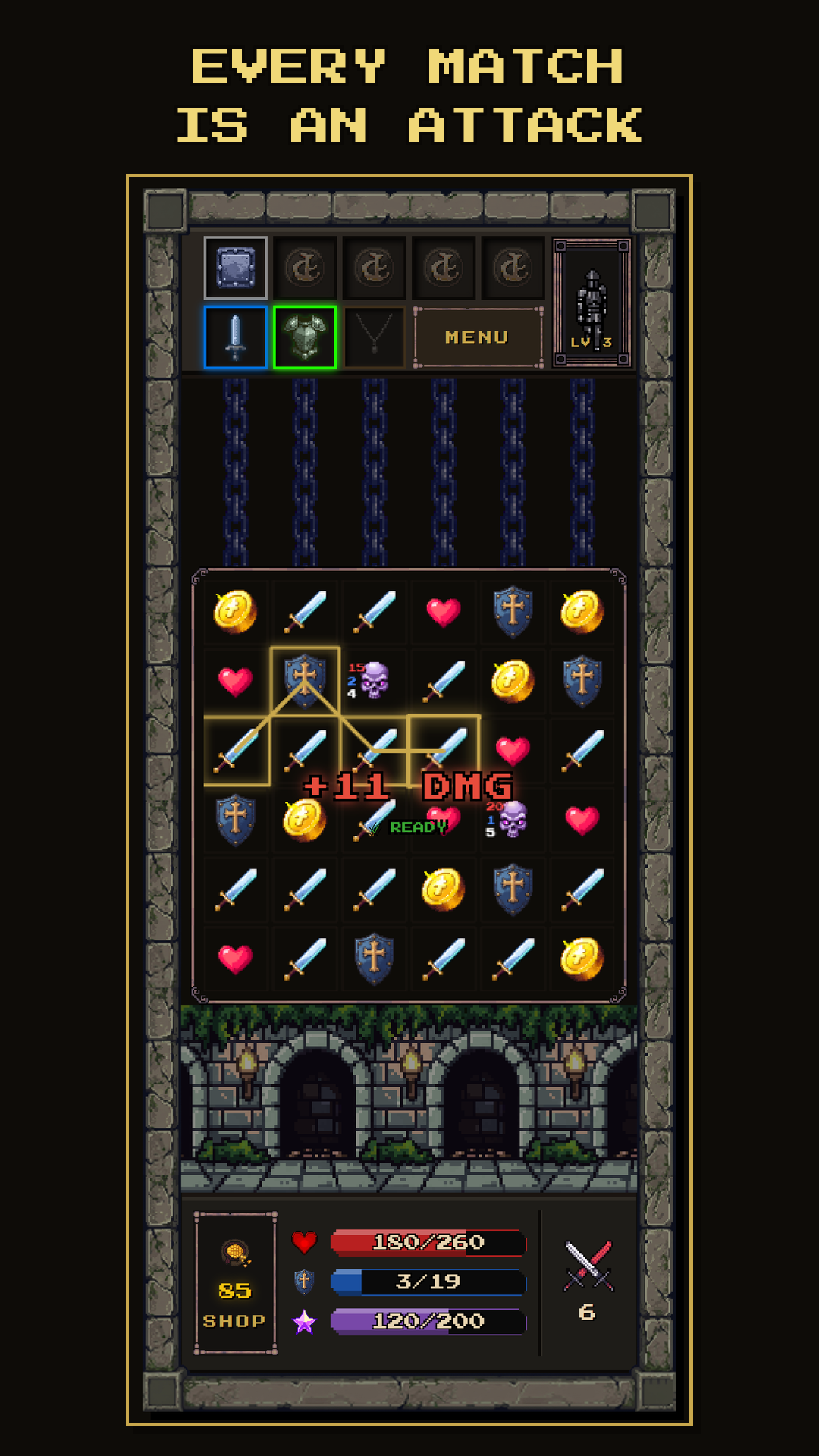 Dungeon Doom Dash match-3 board mid-combo dealing bonus damage