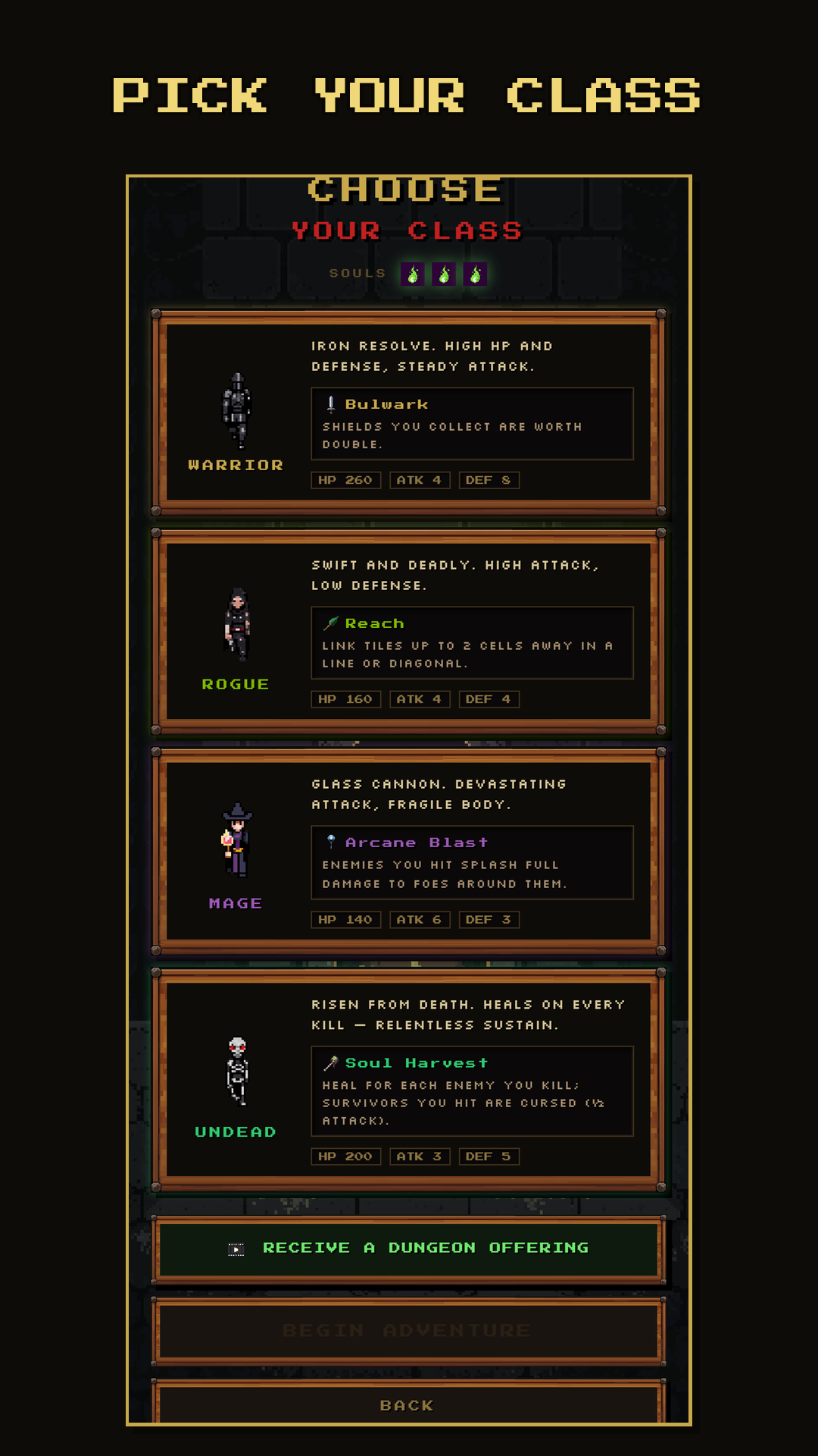 Dungeon Doom Dash class-select screen showing Bulwark, Reach, Arcane Blast, and Soul Harvest abilities