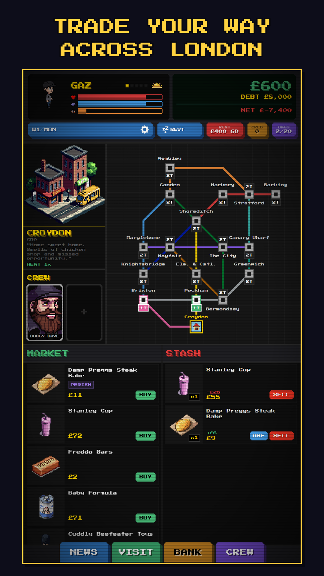 Mind the Gap trading screen showing Gaz's stats, the 17-zone London transit map, and market goods