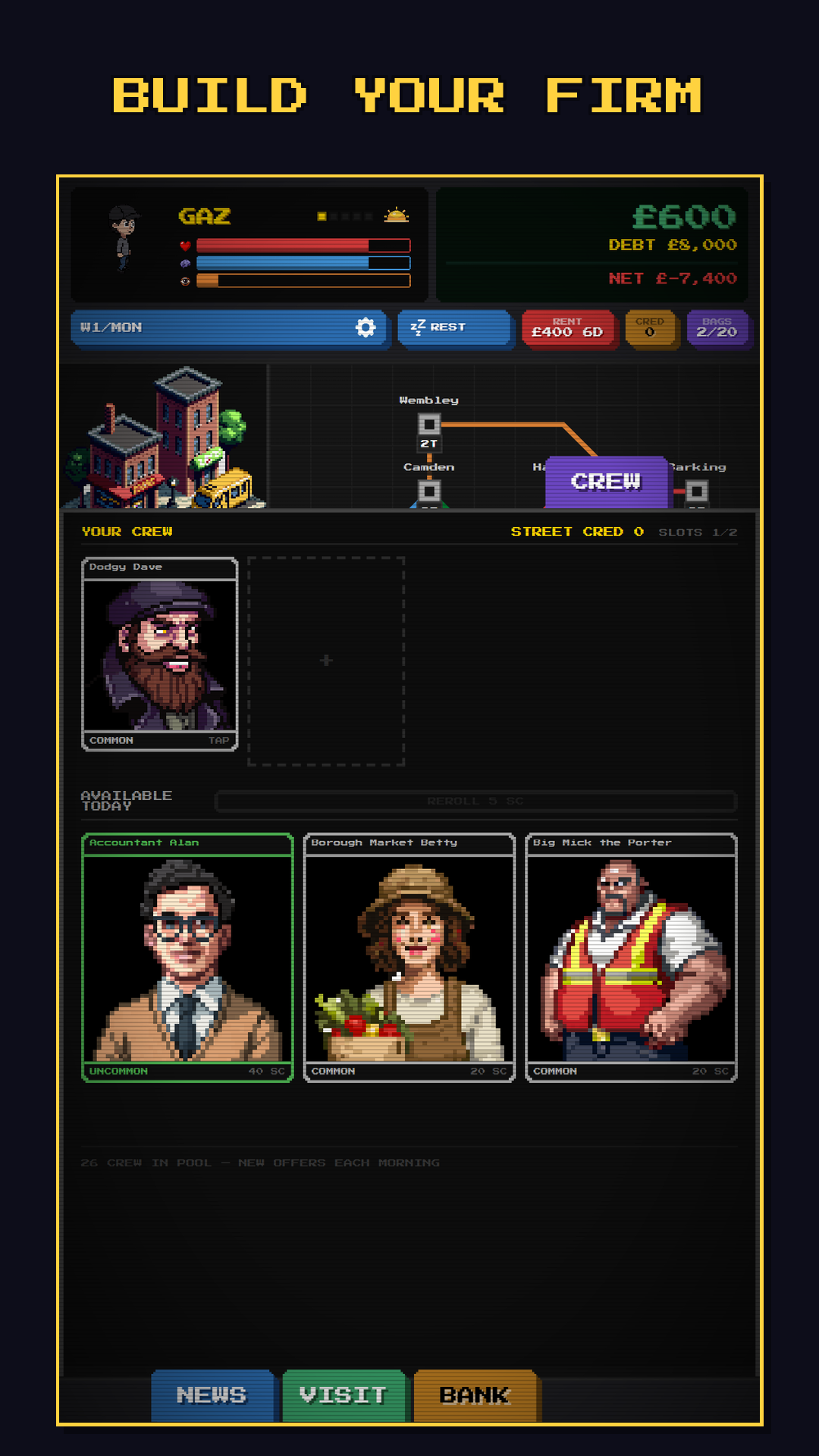 Mind the Gap crew-hiring screen featuring Dodgy Dave and Accountant Alan