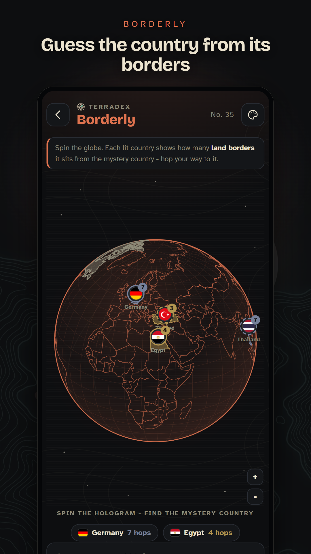 TerraDex Borderly puzzle — guess the country from its borders on a spinning globe