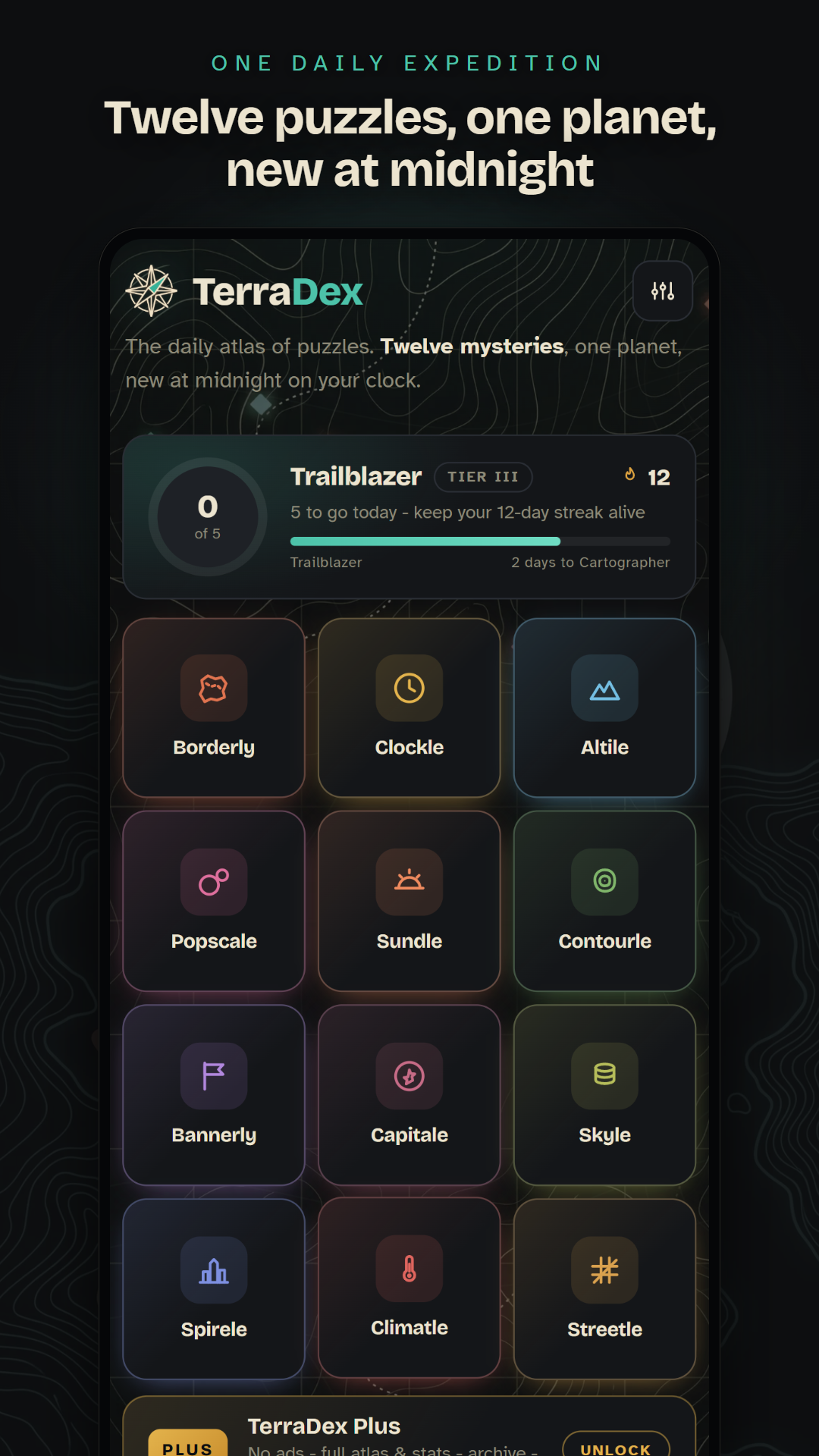 TerraDex daily puzzle hub showing the 12 puzzle types and streak tracker