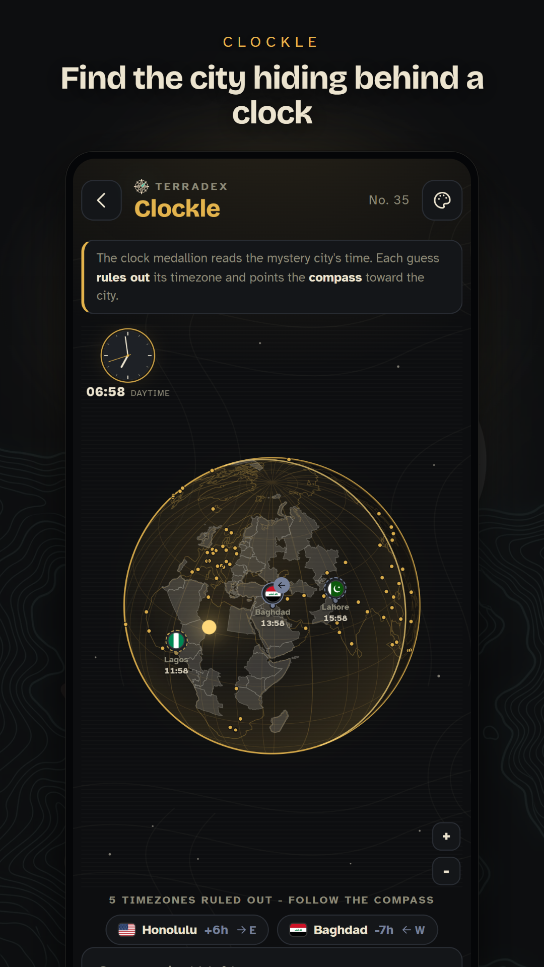 TerraDex Clockie puzzle — find the city hiding behind a clock