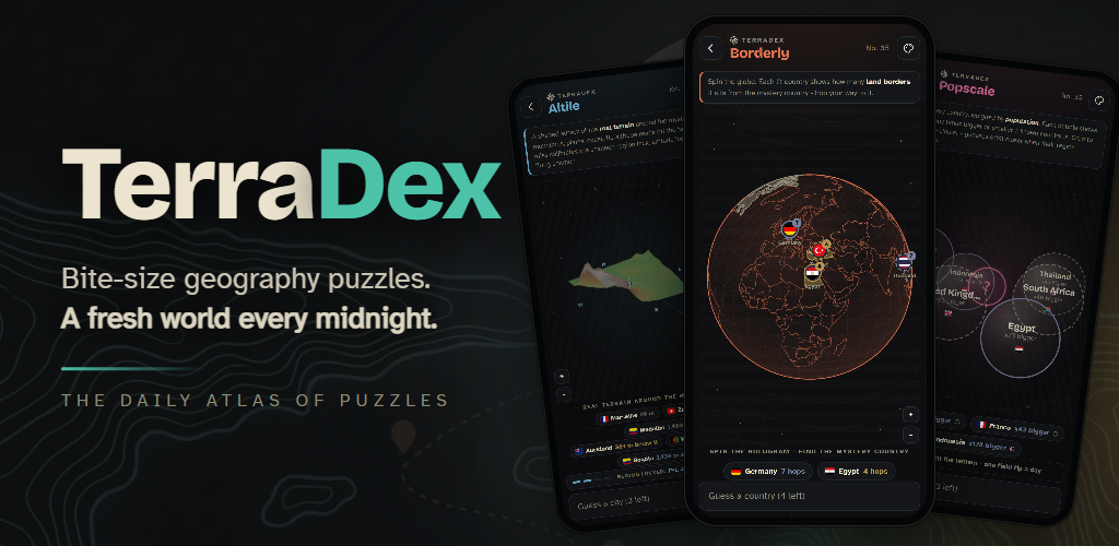 TerraDex key art — phones showing daily geography puzzles